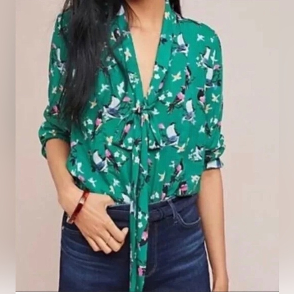 Anthropologie 20 Of 52 Conversations Green Bird Floral Print Blouse Size 6